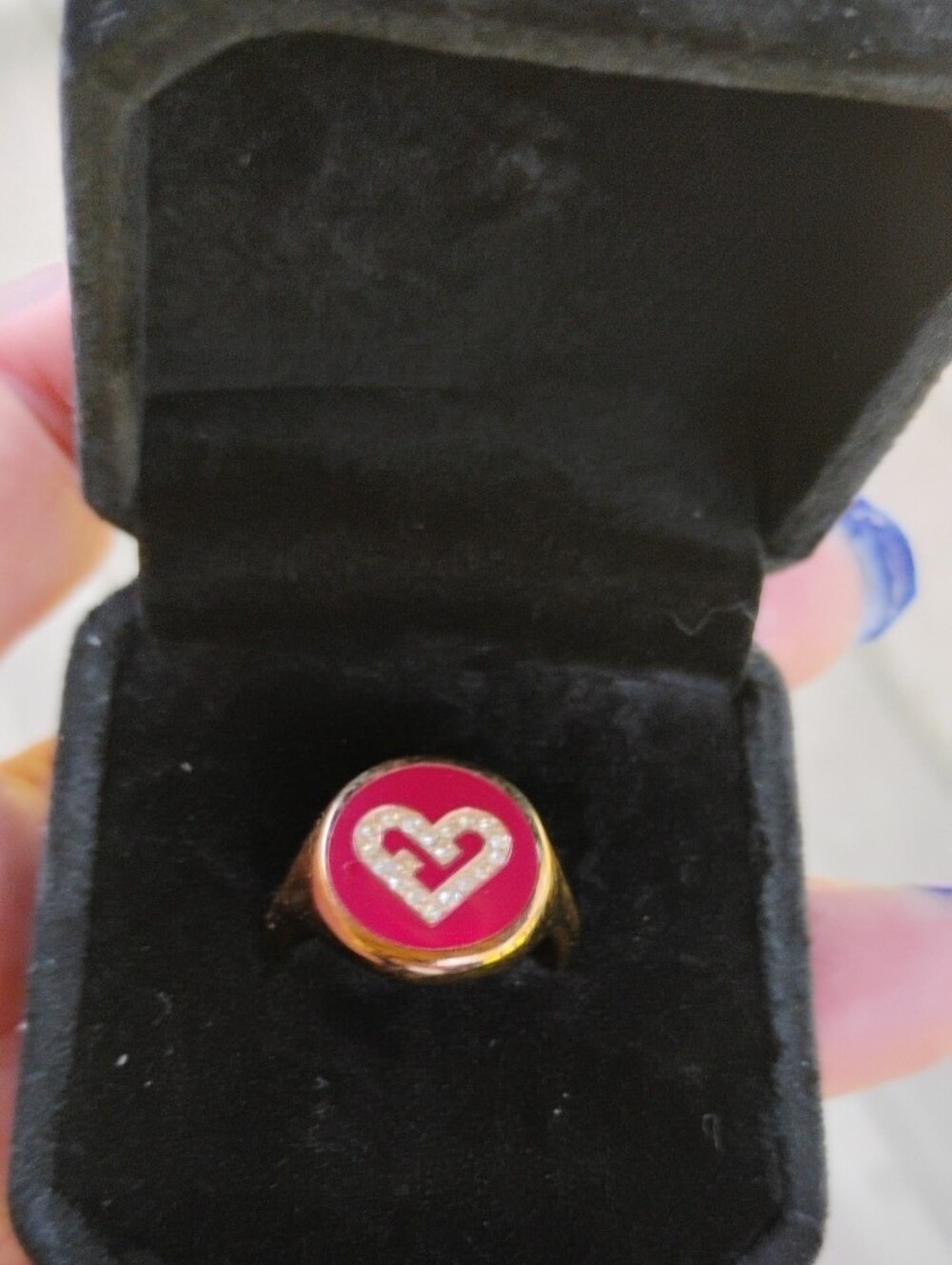Furla Heart Embellished Enamel Ring with Crystal Accents US Size 6 - Picture 2 of 6